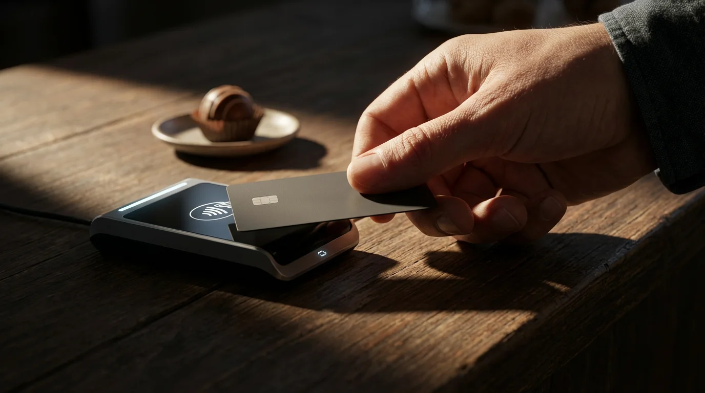 A close-up photograph of a hand using a blank credit card at a payment terminal.