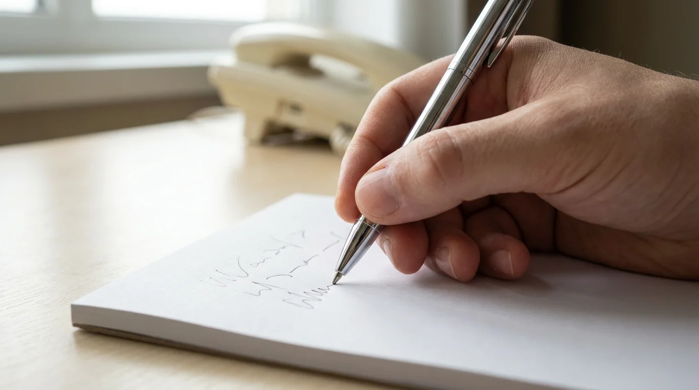 A close-up photograph of a hand writing negotiation notes with a pen beside a telephone.