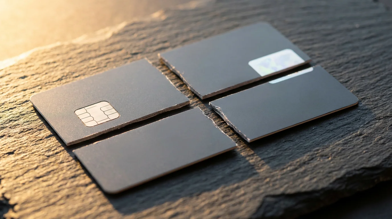 A close-up shot of a credit card neatly cut into four separate pieces.