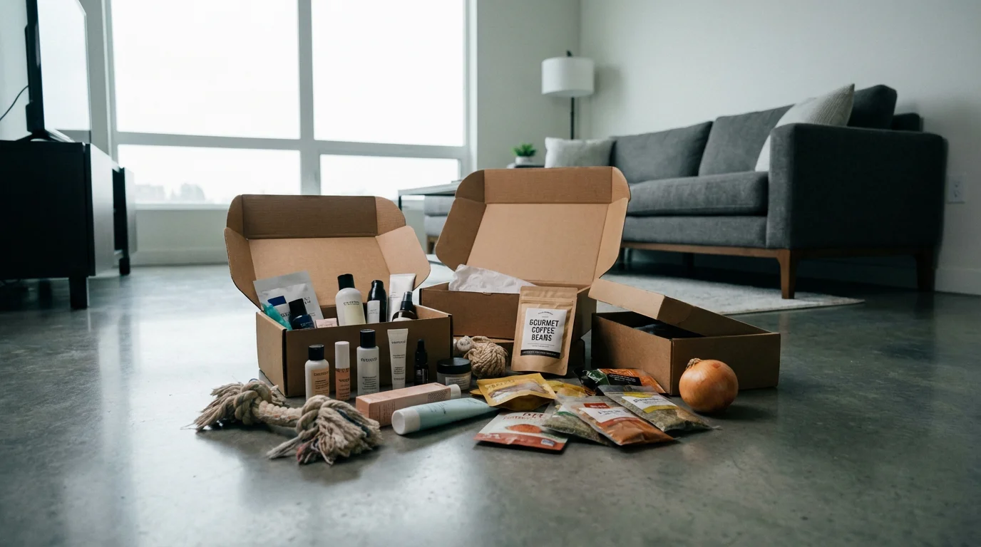 A cluttered pile of miscellaneous subscription box items and packaging on a modern apartment floor.