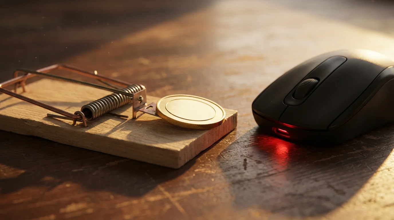 A computer mouse approaching a mousetrap baited with a shiny gold coin, symbolizing online scams.