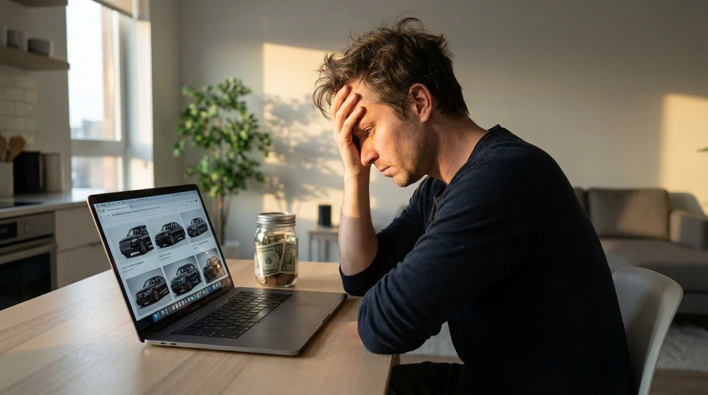 A conflicted person looks at new cars on a laptop beside a savings jar.