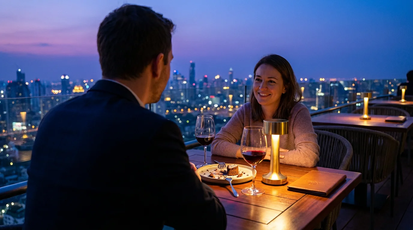 A couple enjoys a romantic date night at a rooftop restaurant at dusk.