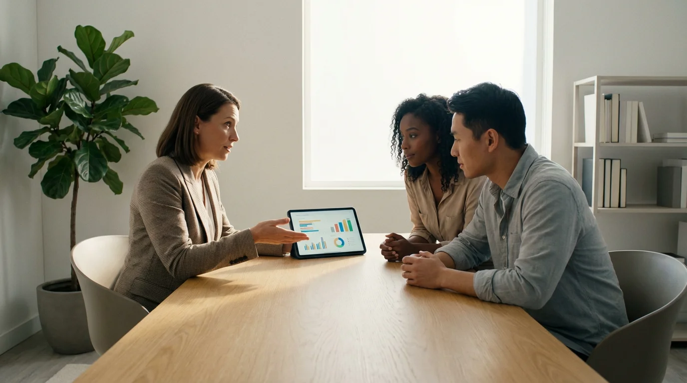 A couple has a professional meeting with a financial advisor in a bright, modern office.