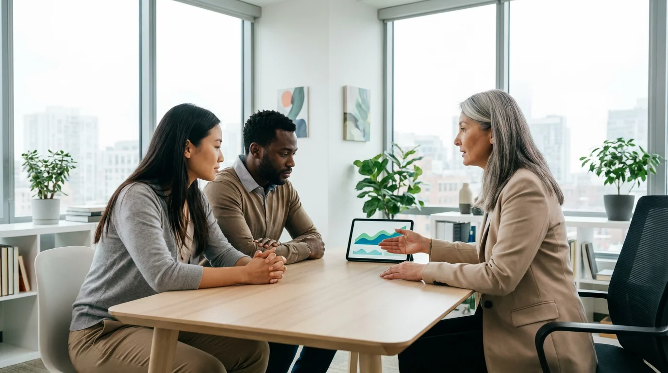 A couple has a serious consultation with a financial advisor in a modern office.