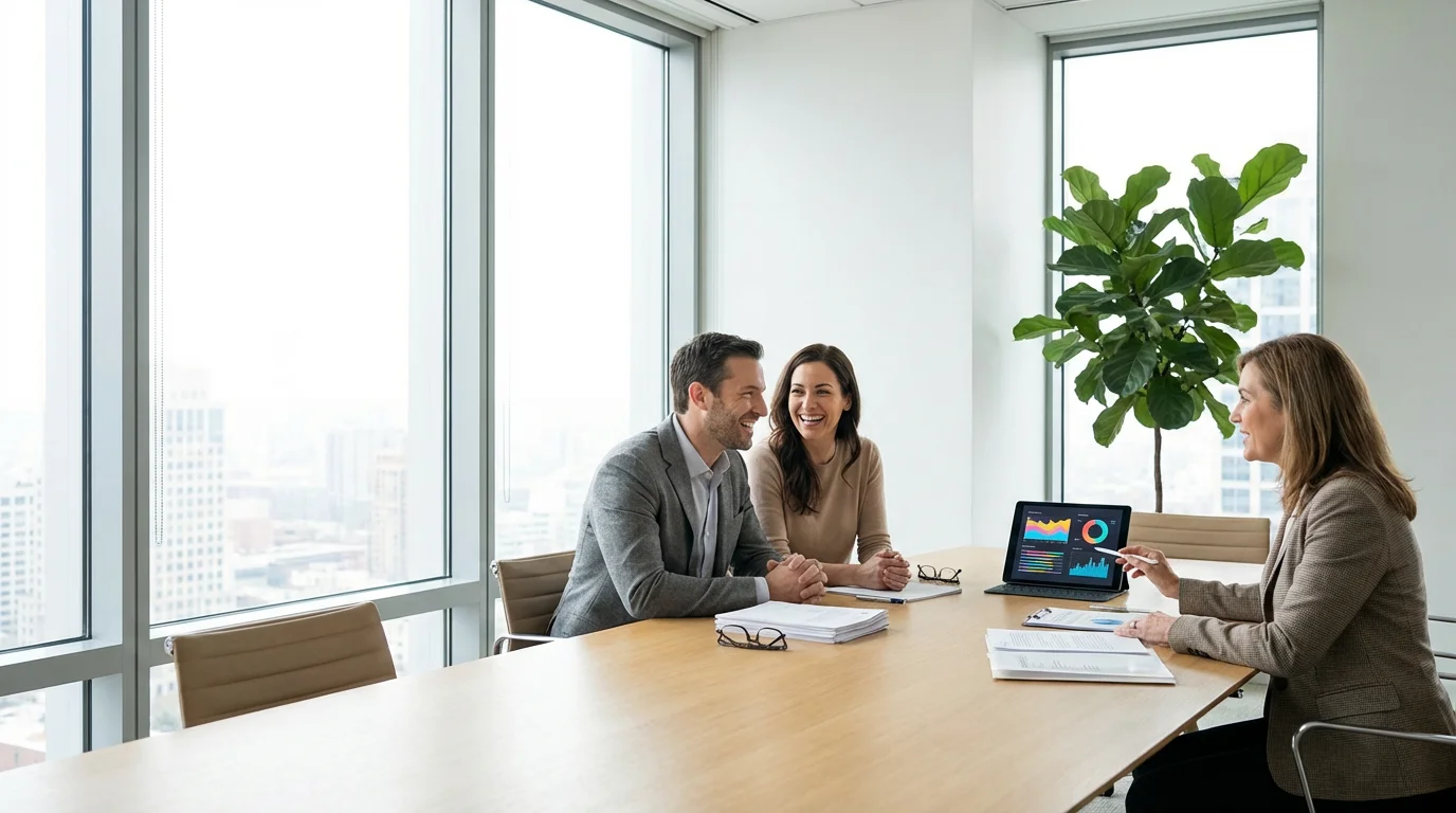 A couple meets with a female financial advisor in a modern, sunlit office conference room.