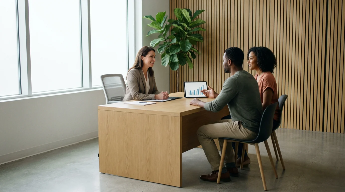 A couple meets with a financial advisor in a bright, modern sunlit office.