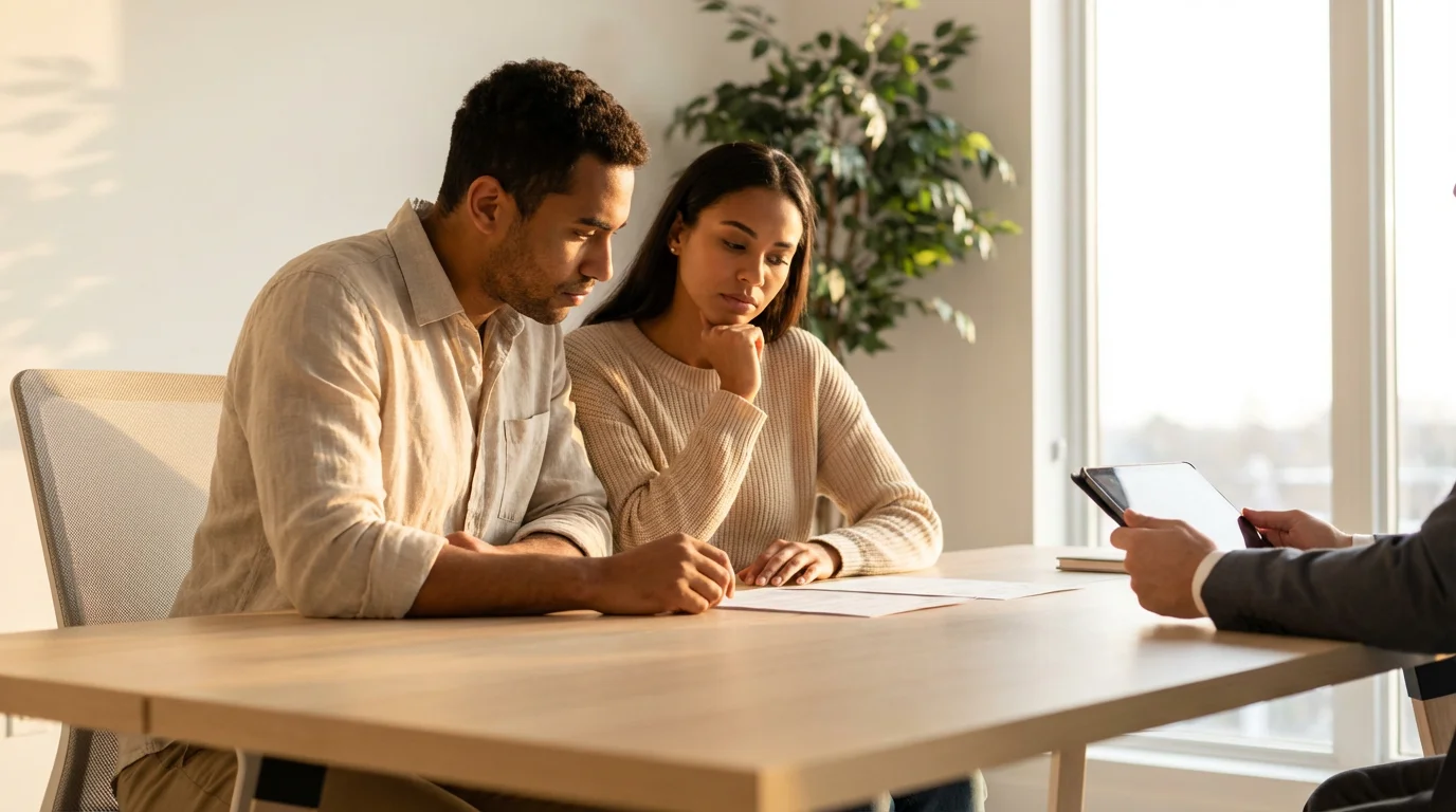 A couple sits at a desk in a warm, sunlit office for financial planning.