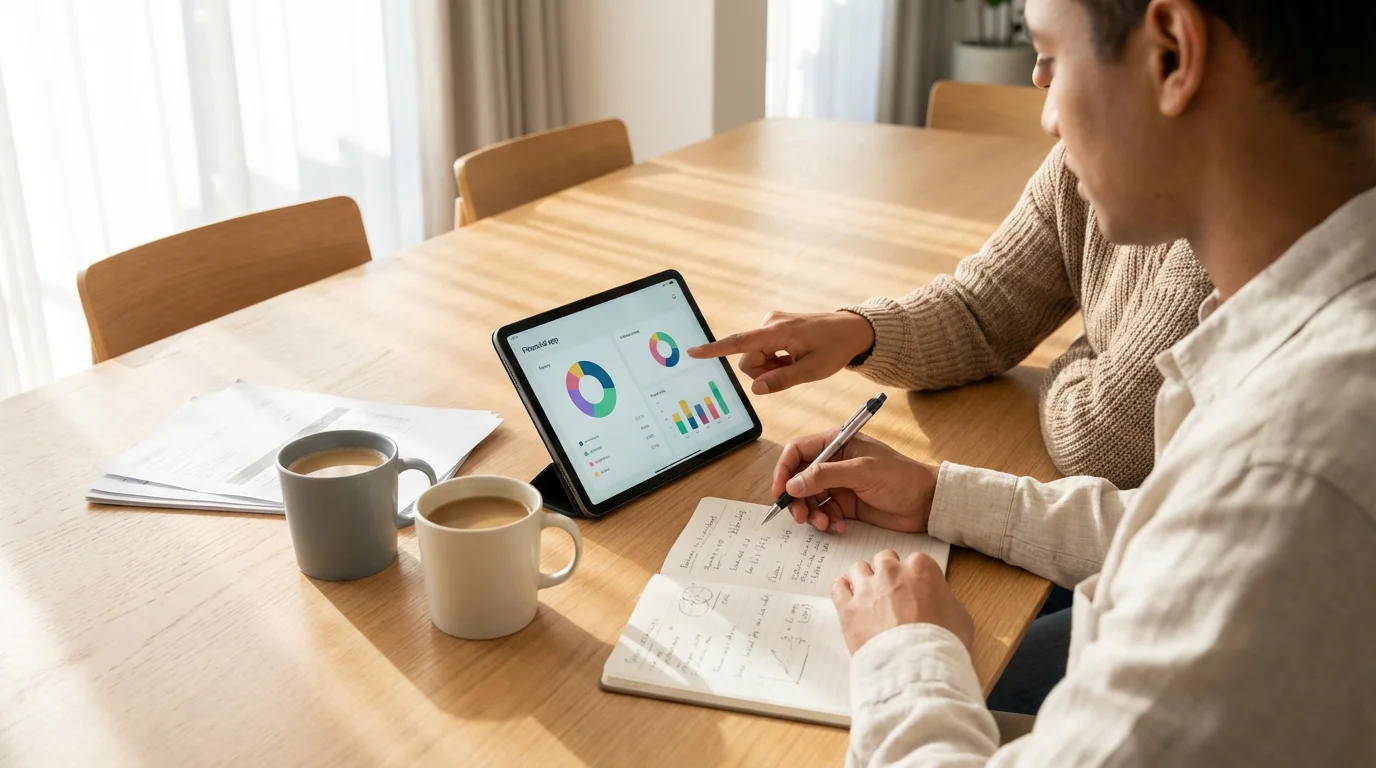 A couple sits at a sunlit table using a tablet to plan a budget.