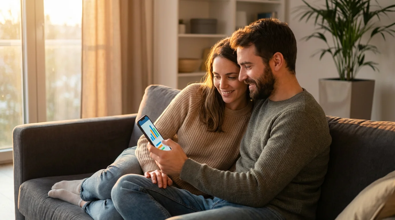 A couple sits on a sofa, looking at a smartphone with financial charts.