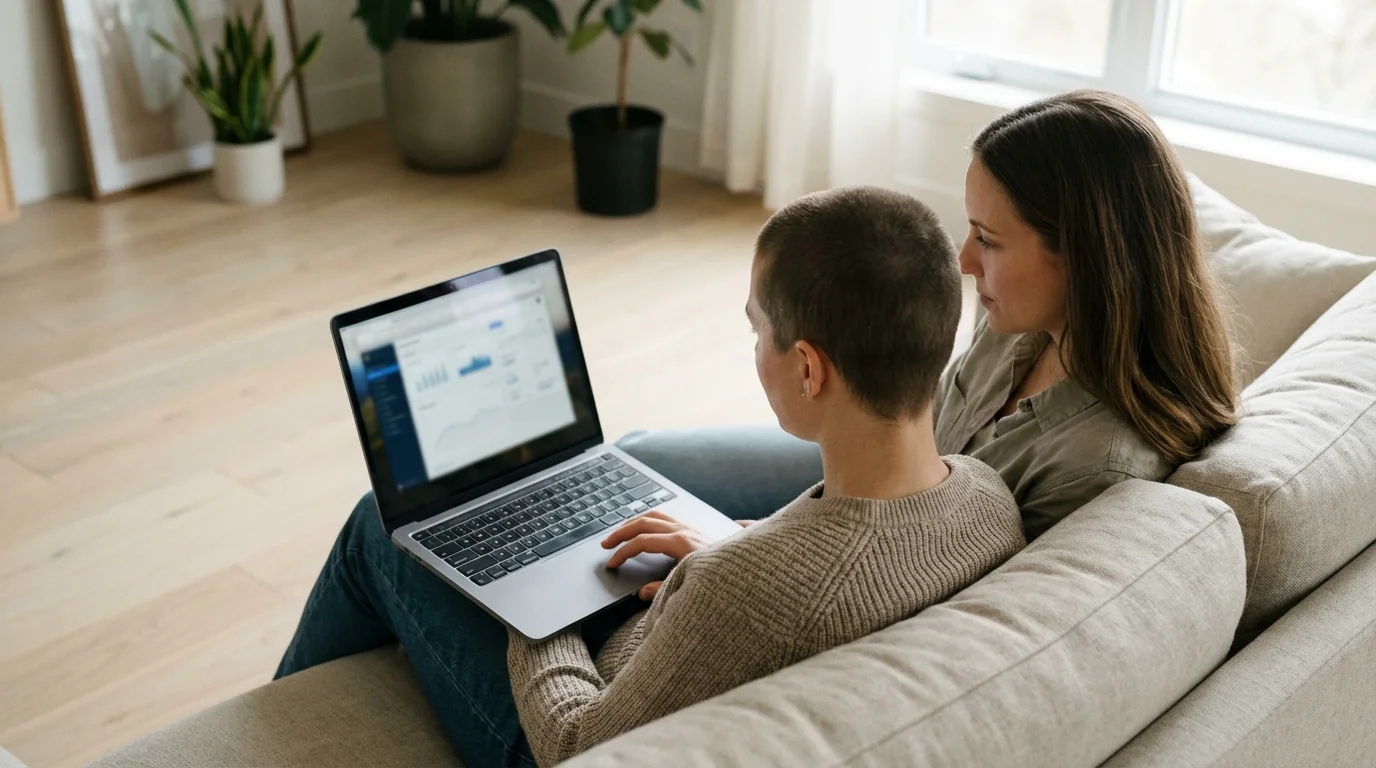 A couple sits on a sofa together, thoughtfully reviewing options on a generic laptop screen.