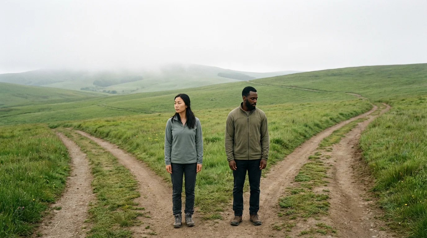 A couple stands at a fork in a rural path, looking in opposite directions.