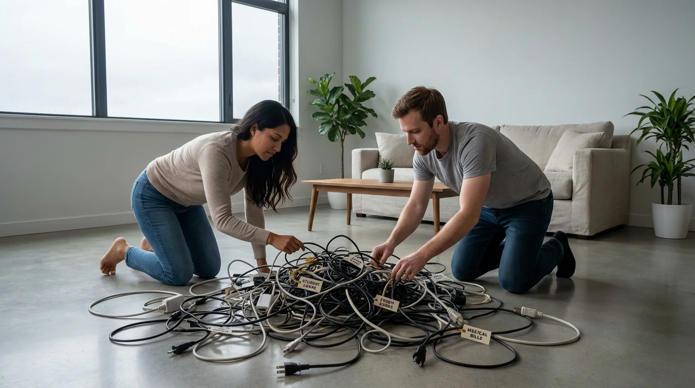A couple works together on the floor of their modern apartment, untangling a large knot of cables.