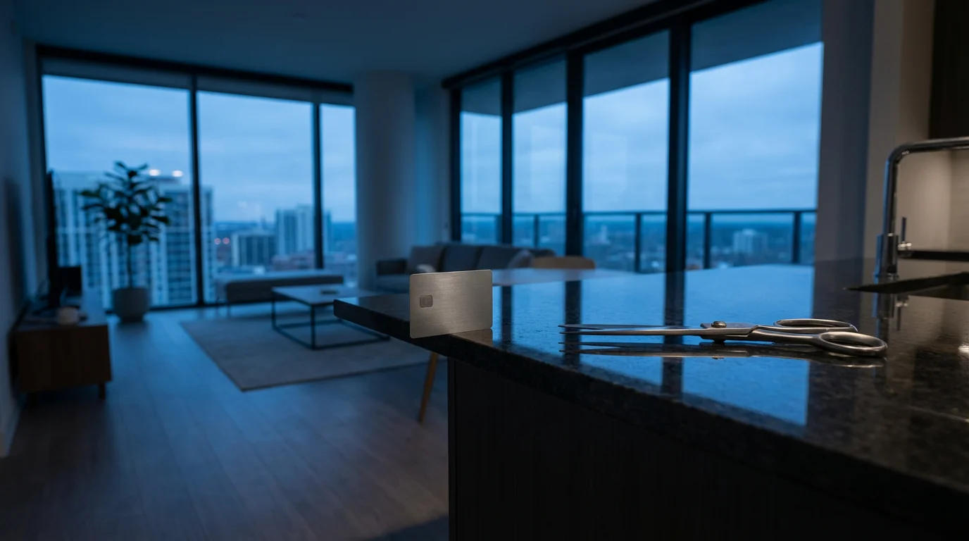 A credit card and scissors on a kitchen island during blue hour.