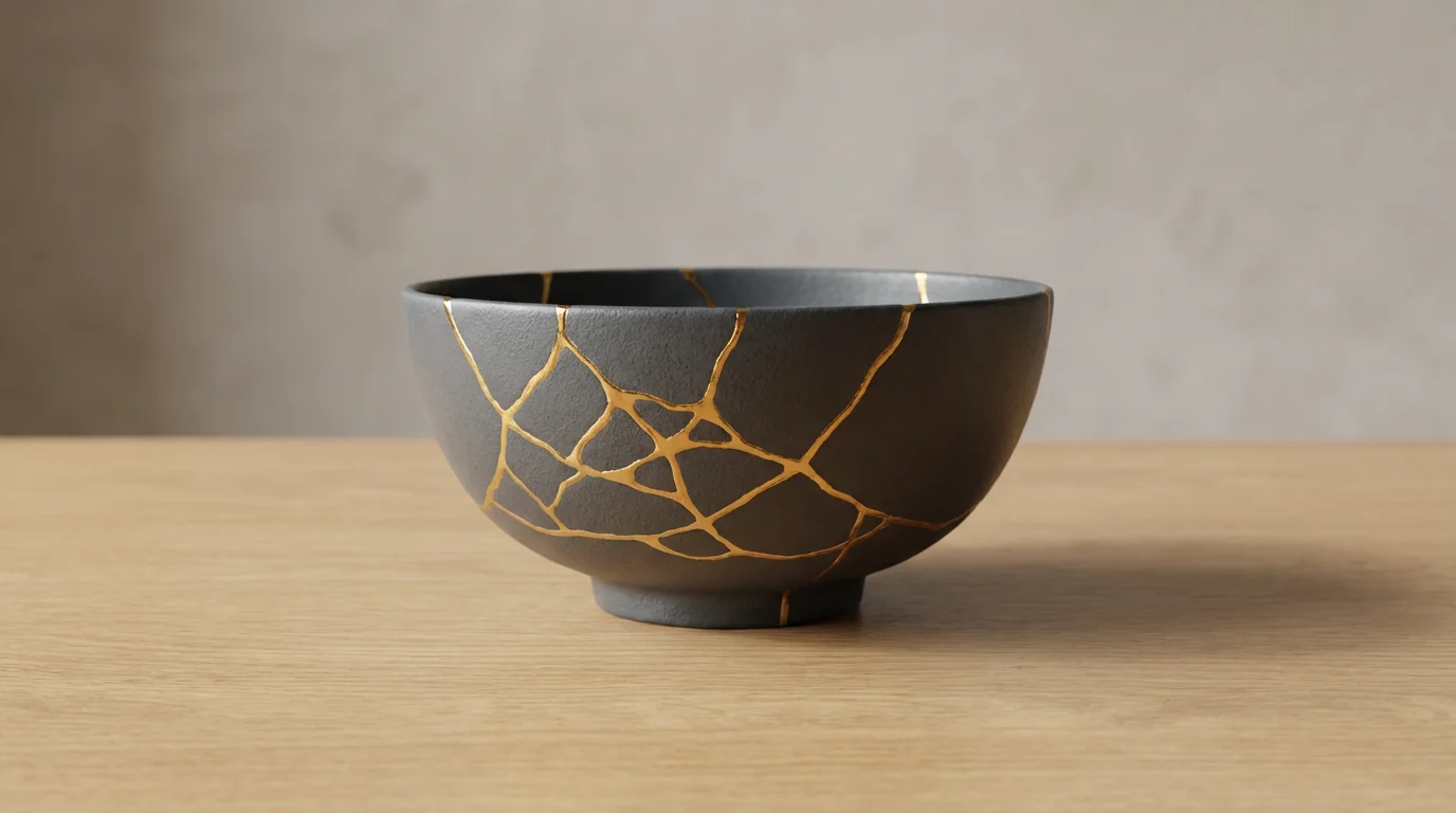 A dark ceramic bowl repaired with gold seams sits on a wooden table.