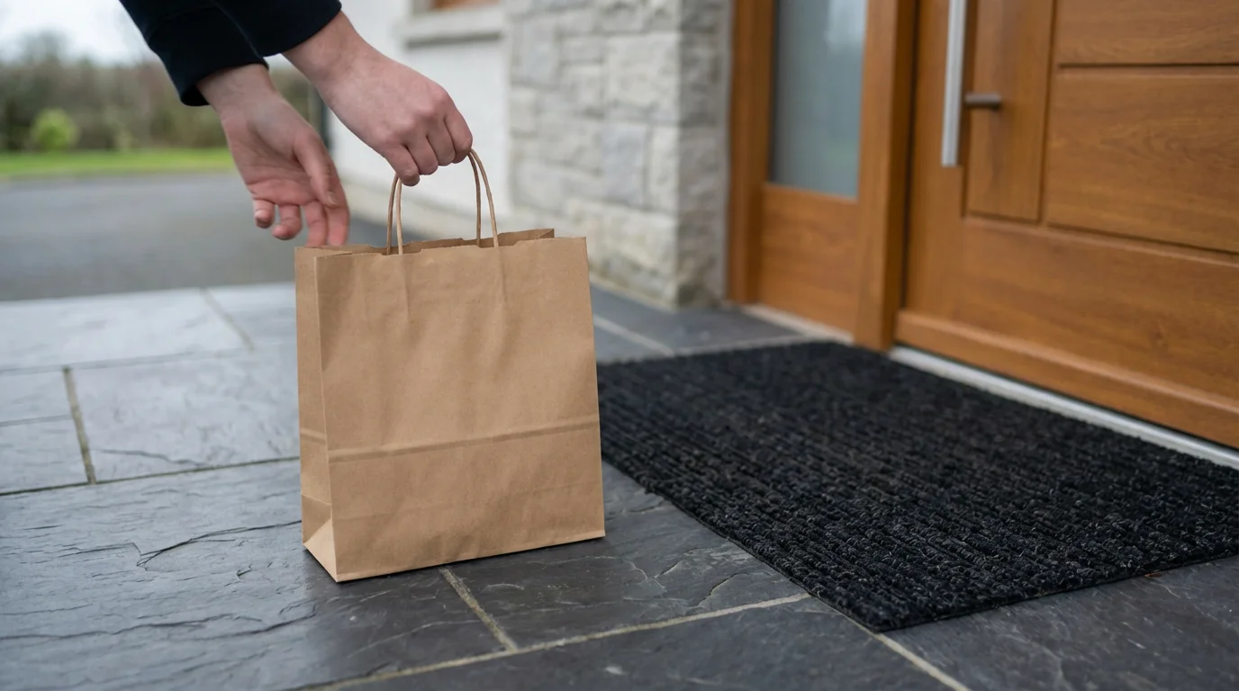 A delivery person places a paper grocery bag on a home's front porch.