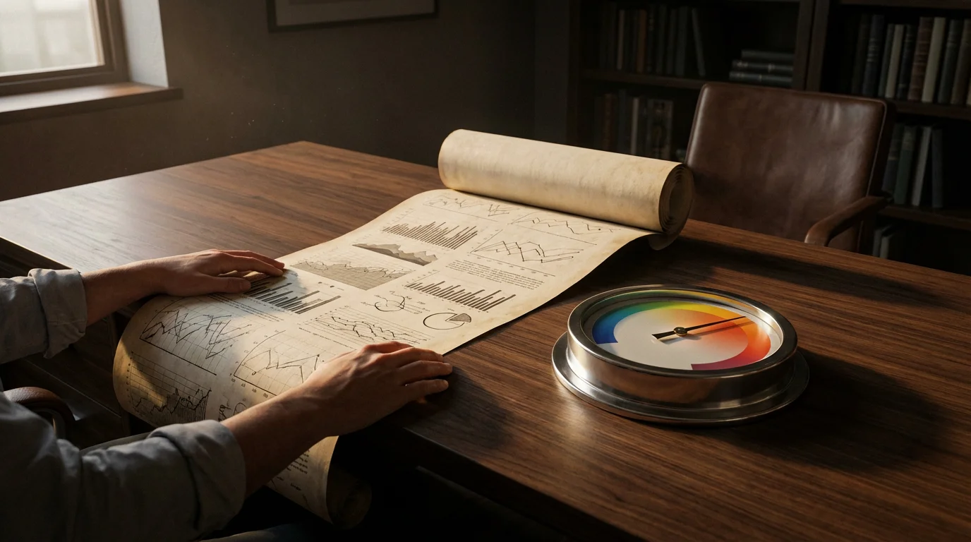 A desk with a detailed abstract report and a single summary gauge, representing credit report vs score.