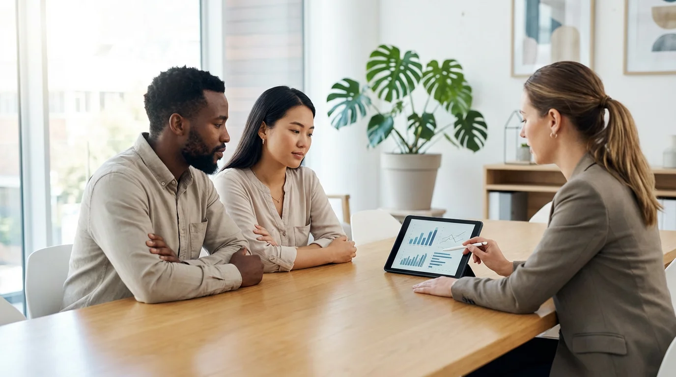 A diverse couple has a thoughtful meeting with a financial advisor in a modern office.