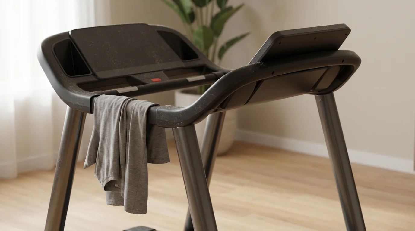 A dusty, unused treadmill with a t-shirt on it sitting in a home's corner.