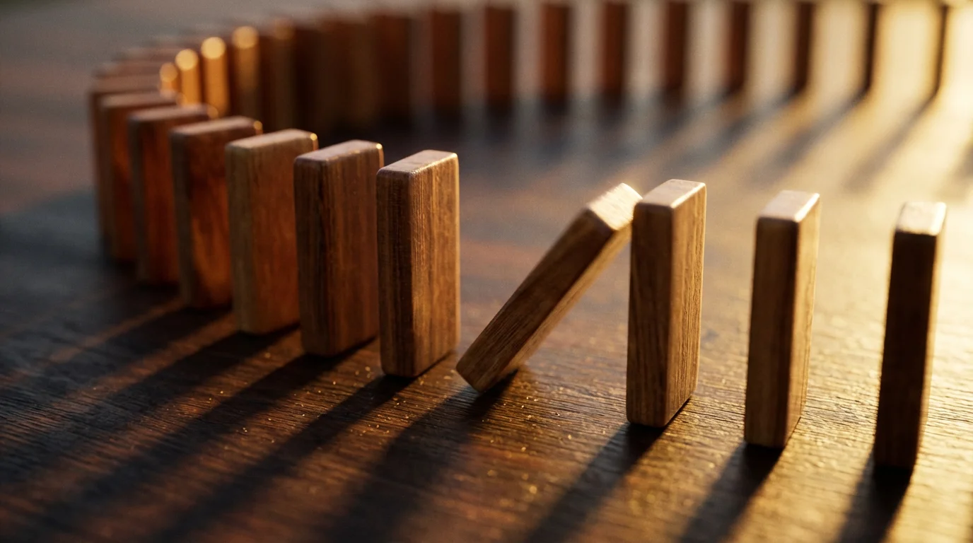 A falling wooden domino about to start a chain reaction on a wooden table.