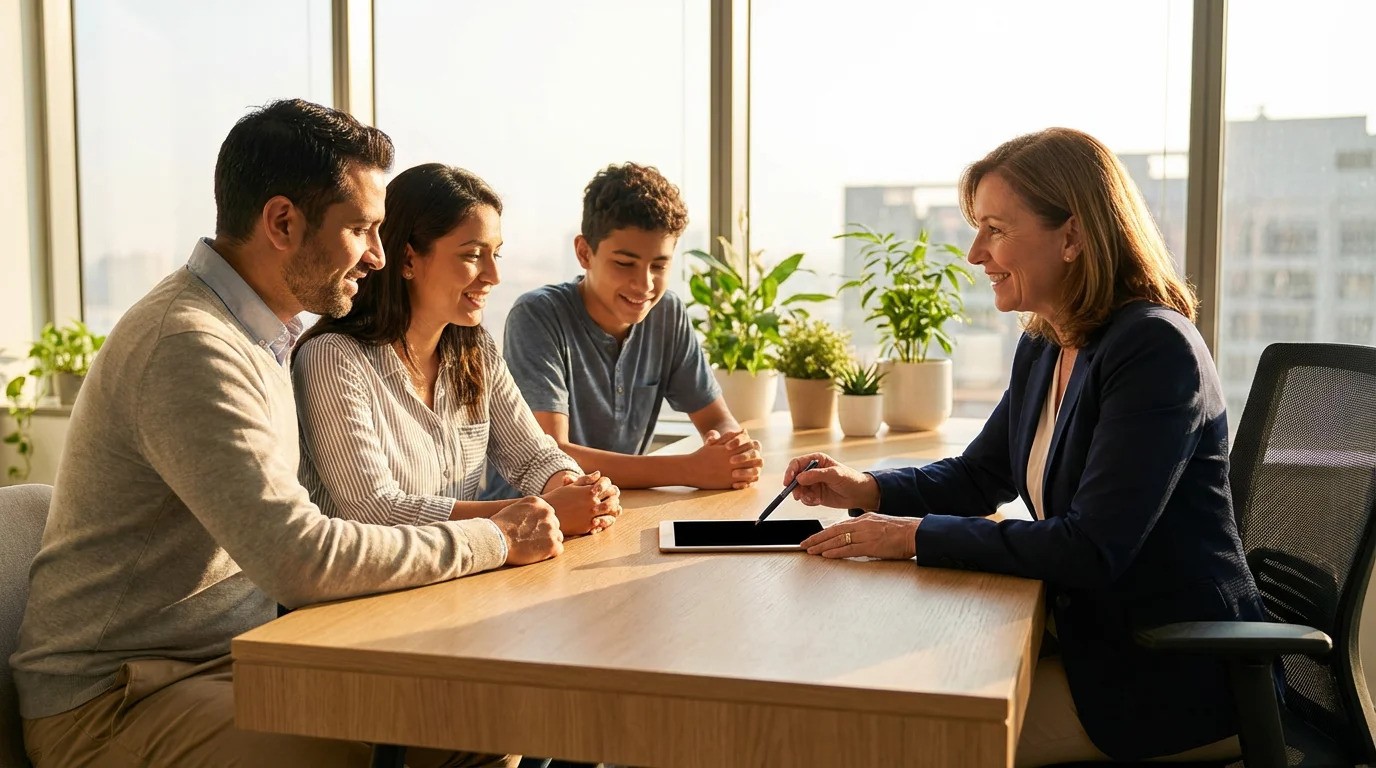 A family and their teenage son meeting with a financial advisor in a sunlit office.