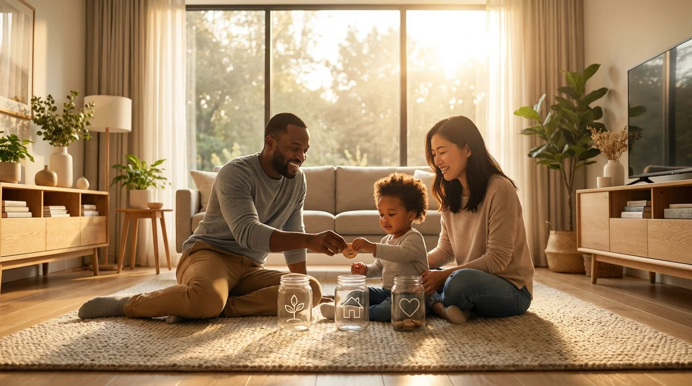 A family sits on their living room floor during golden hour, budgeting with glass jars.
