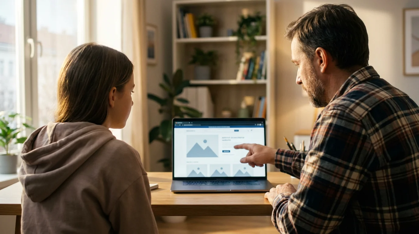 A father and teenage daughter sit at a desk researching on a laptop together.