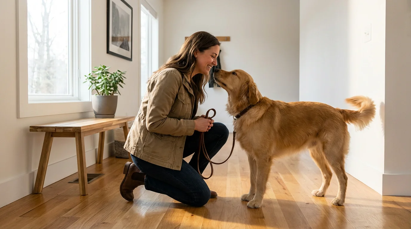 A female pet sitter kneels on a floor, smiling at a happy golden retriever.