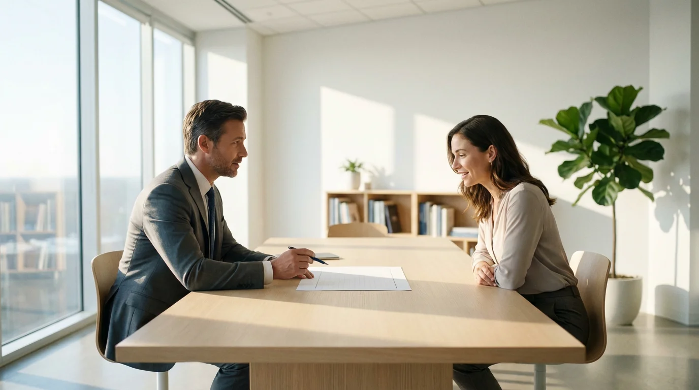 A financial advisor and client meeting in a bright, modern office discussing charts.