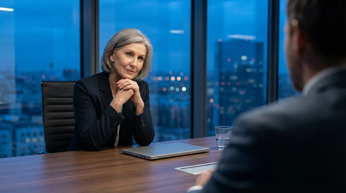A financial professional consults with a client in a modern office at dusk.