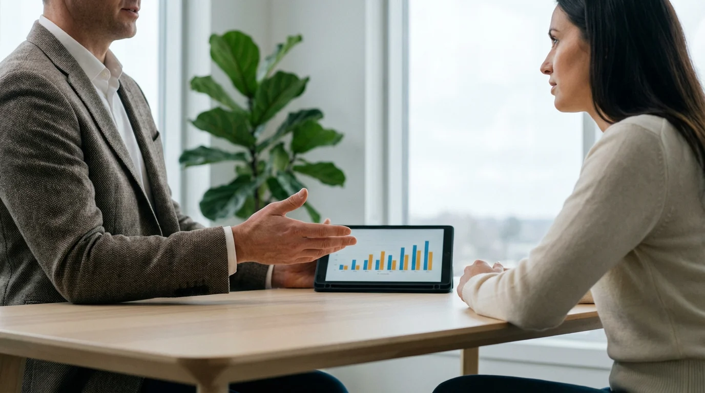 A financial professional explains a chart on a tablet to a client in a bright, modern office.