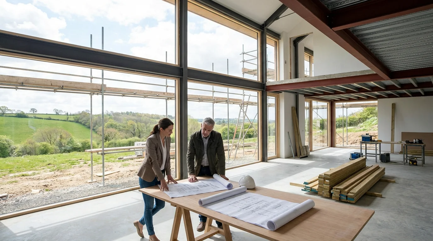 A financial professional guides a client by reviewing blueprints on a modern construction site.