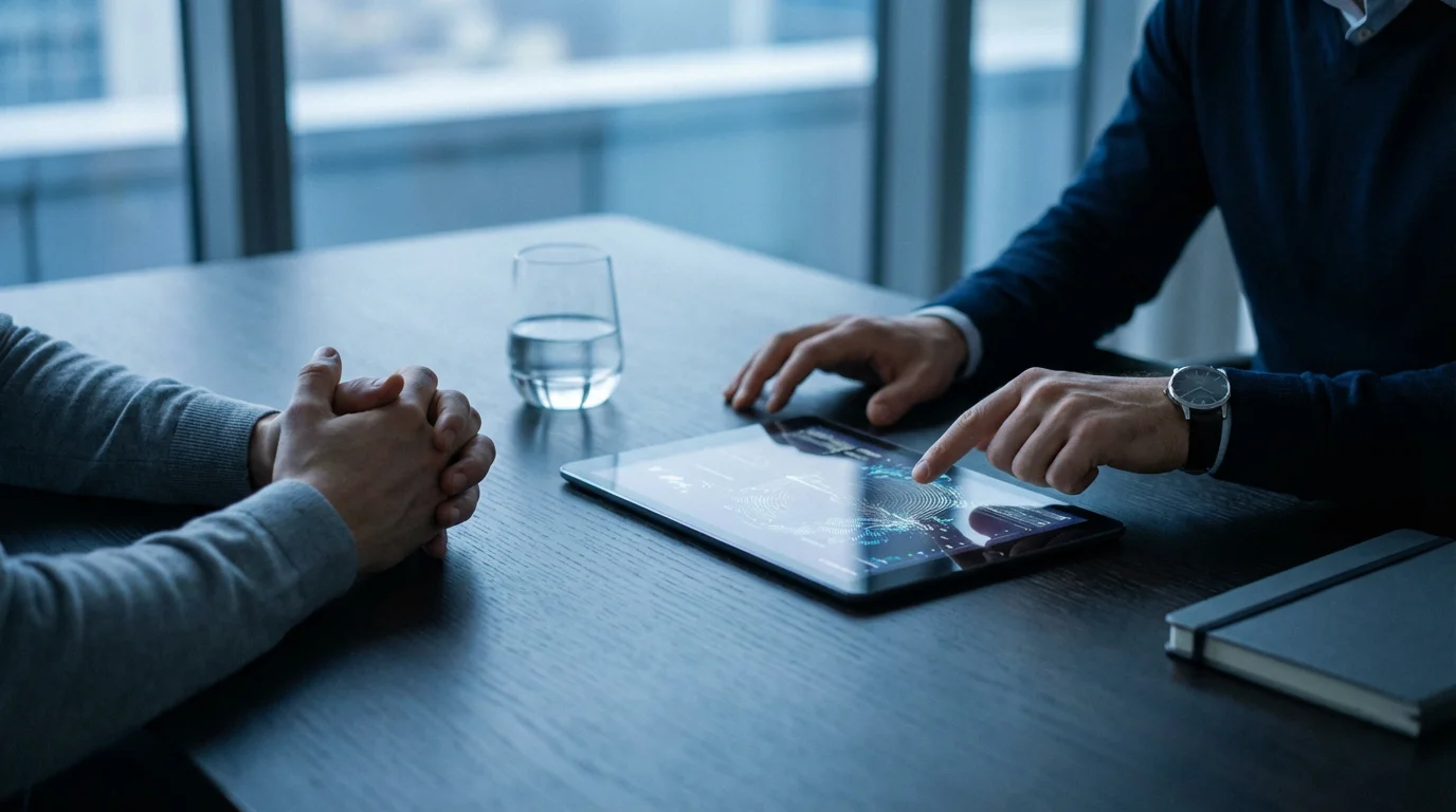 A financial professional guides a client using a tablet in a modern office.