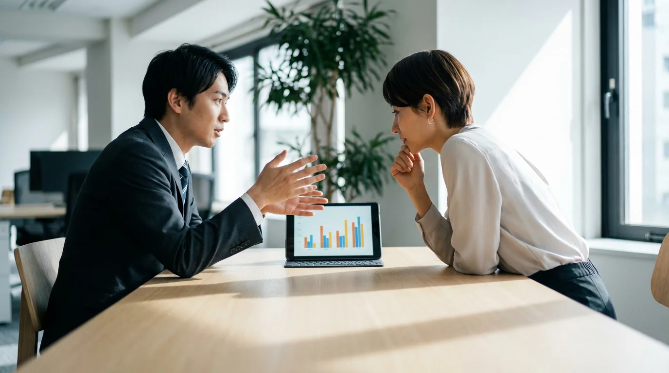 A financial professional meets with a client at a table in a sunlit office.
