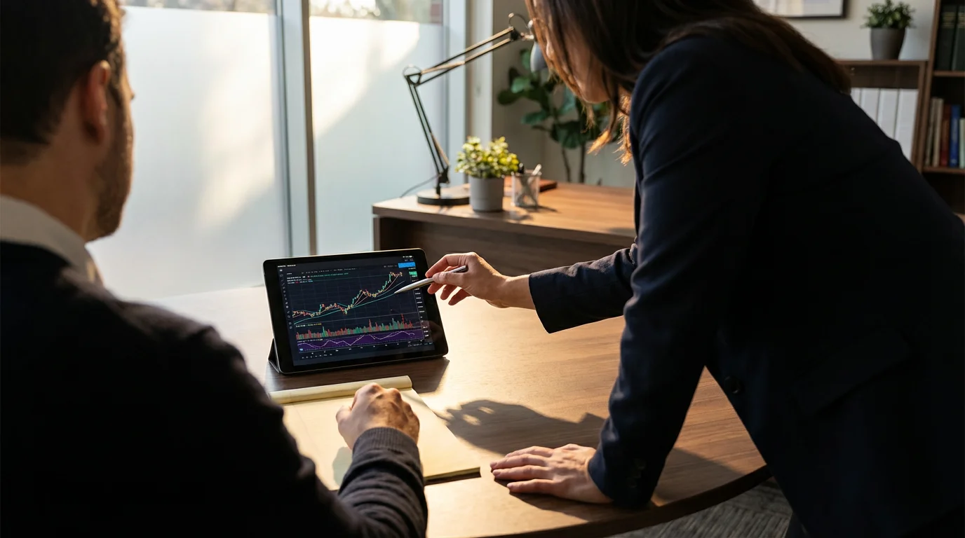 A financial professional points to a chart on a tablet for a client.