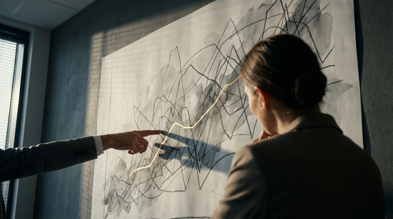 A financial professional's hand points to a clear path on a complex chart.