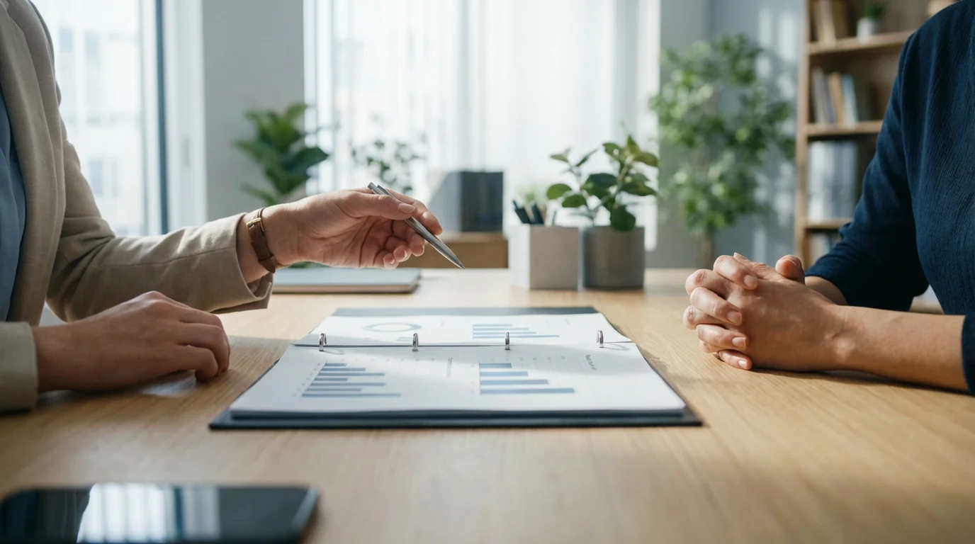 A financial professional's hands gesturing over charts during a meeting with a client.