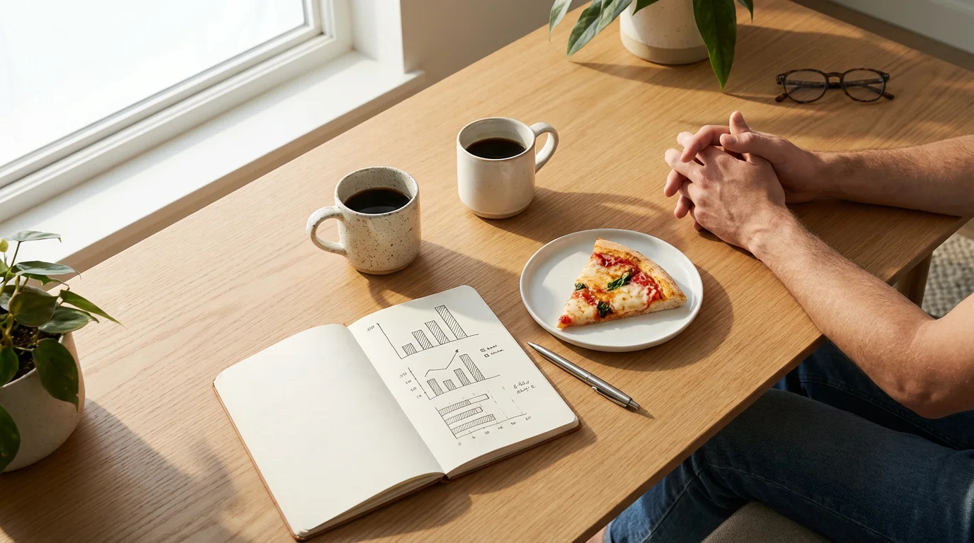 A flat lay of a coffee table with coffee, pizza, and a notebook.
