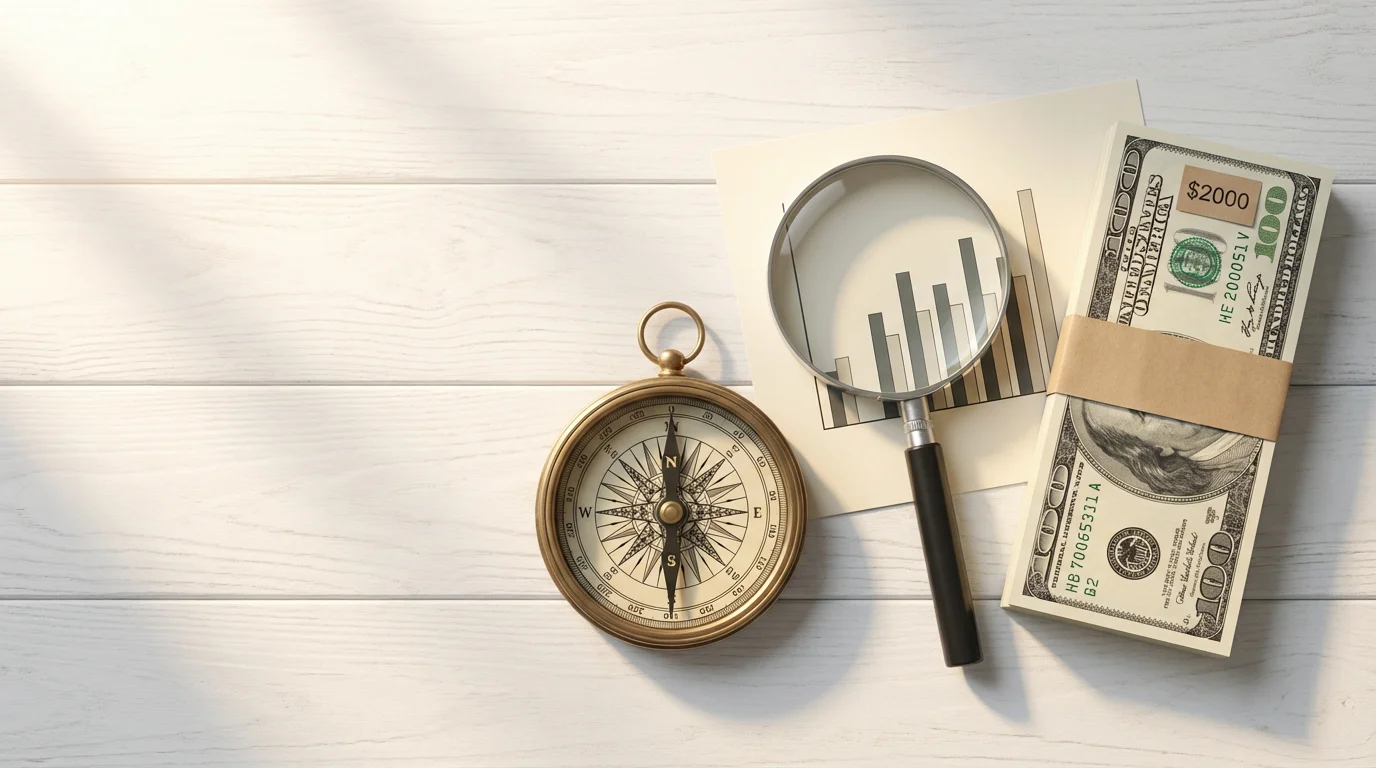 A flat lay of a compass, magnifying glass, and cash representing education savings choices.