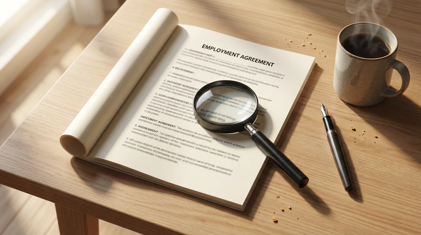 A flat lay of a desk with a magnifying glass over a document.