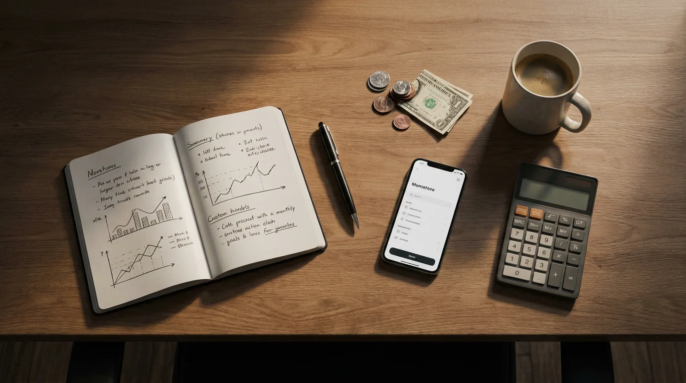 A flat lay of a desk with a notebook, calculator, and money for planning.