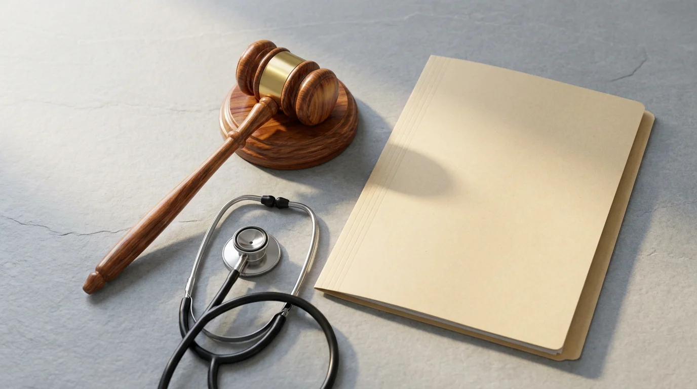 A flat lay of a gavel, stethoscope, and file folder, symbolizing legal medical protection.