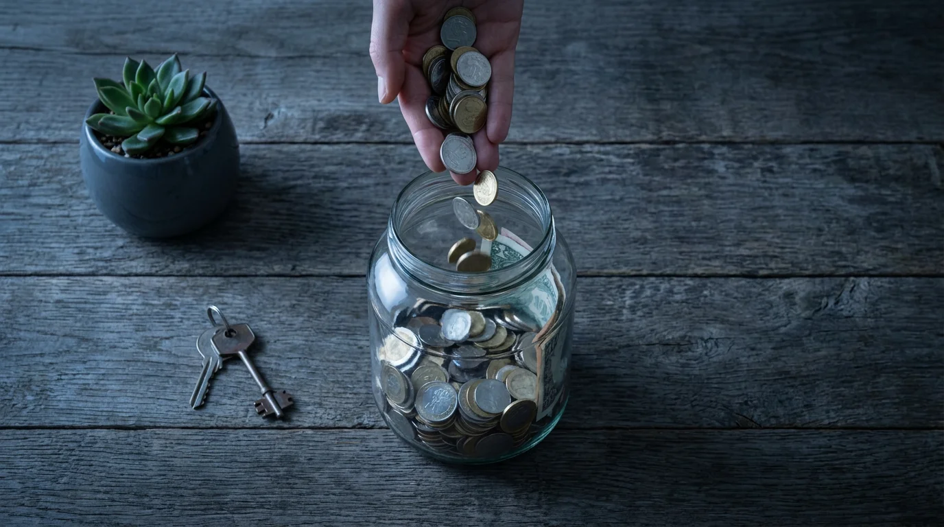 A flat lay of a hand dropping coins into a savings jar, symbolizing replenishing an emergency fund.