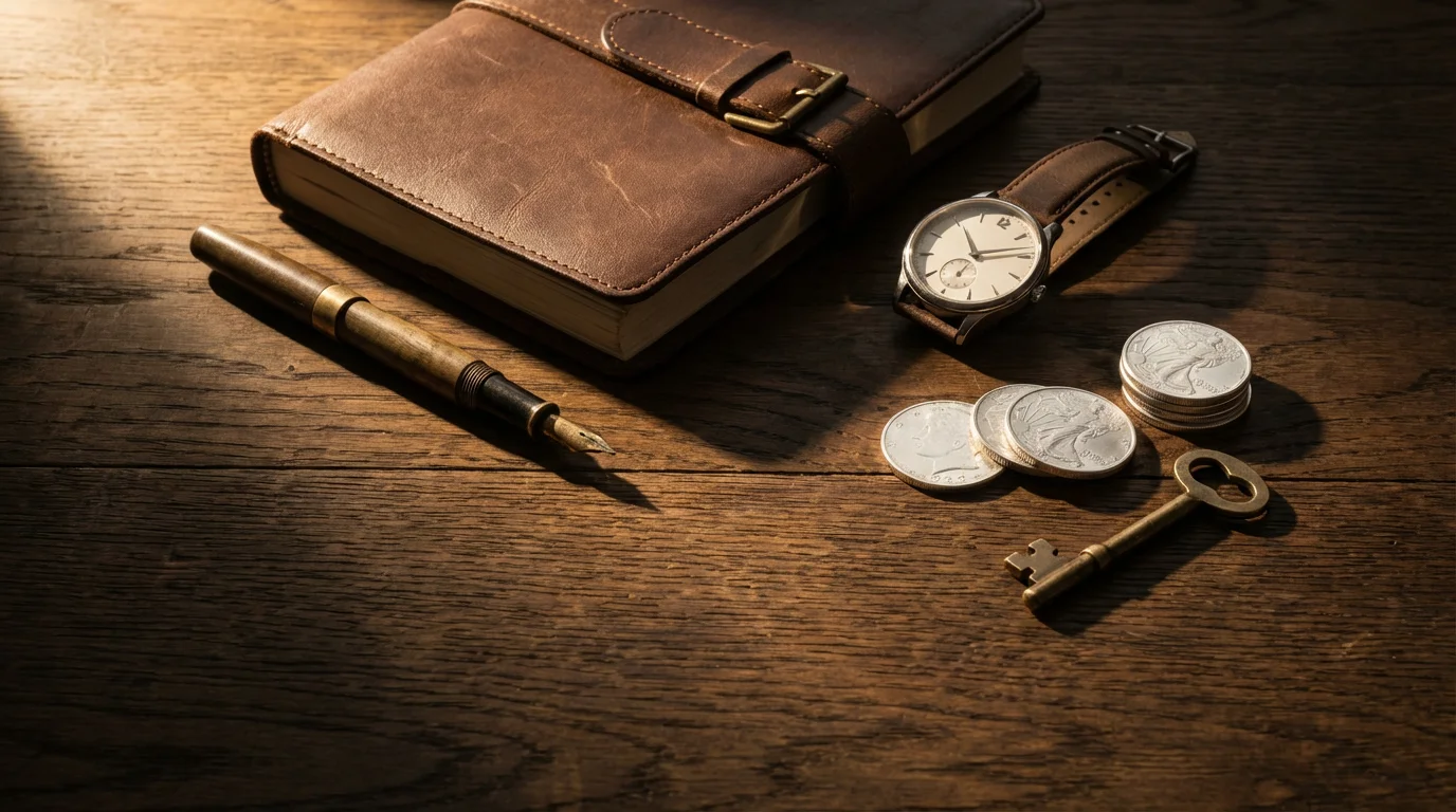 A flat lay of a journal, pen, watch, coins, and a key representing generational wealth.