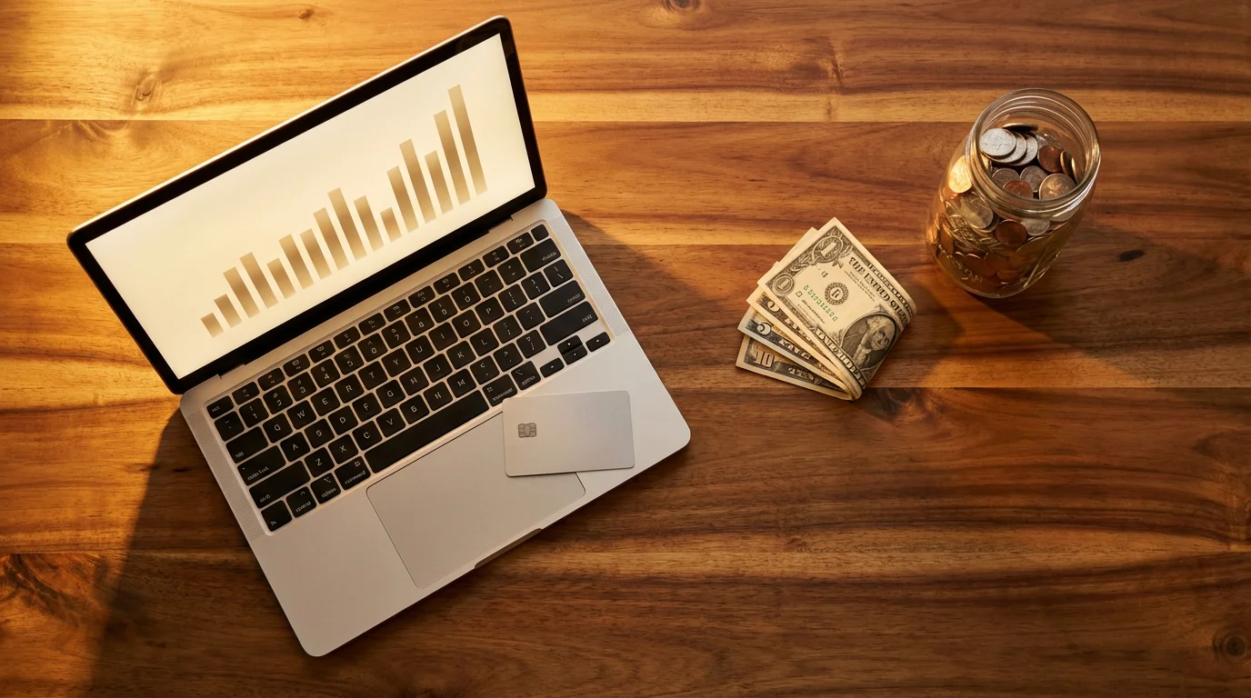 A flat lay of a laptop and credit card next to a stack of cash.