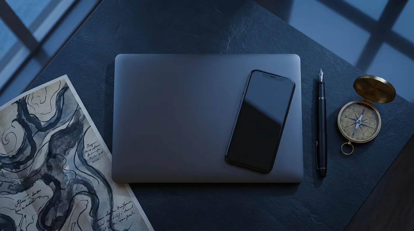 A flat lay of a laptop, compass, and an abstract map on a desk.