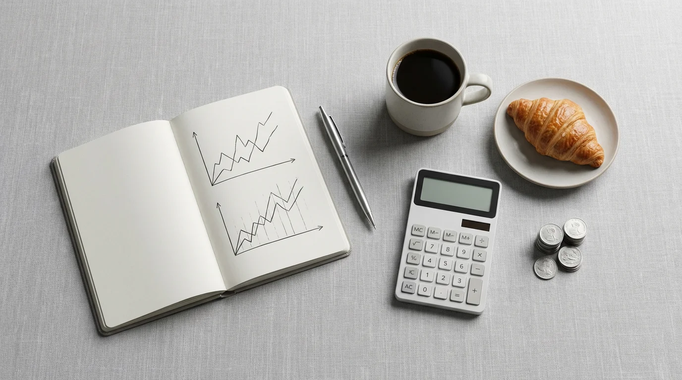 A flat lay of a notebook, calculator, coffee, and croissant representing a balanced budget.