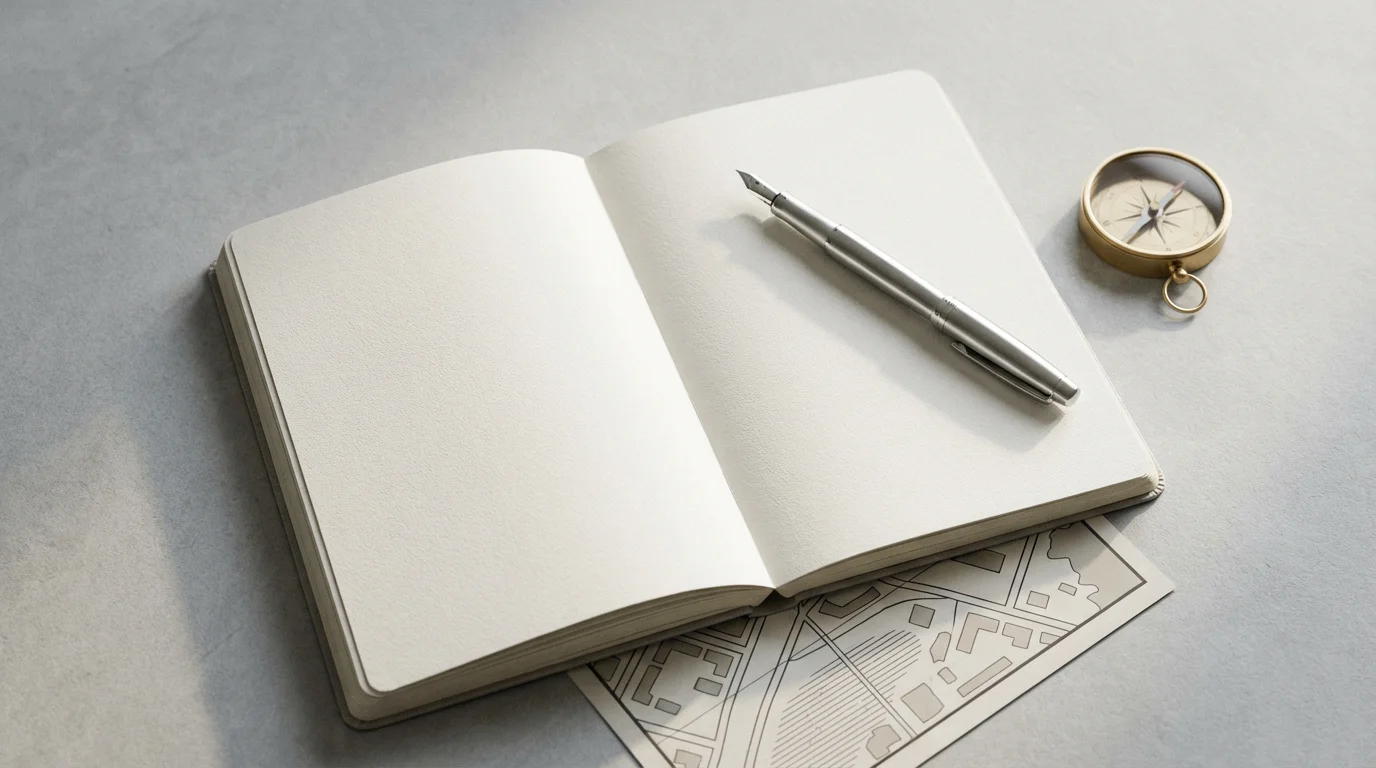 A flat lay of a notebook, pen, and compass on a slate surface, representing financial planning.