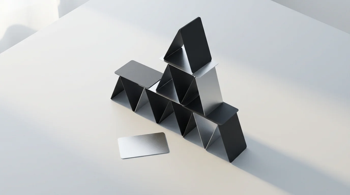 A flat lay of a partially collapsed house of cards, symbolizing a fragile budget.