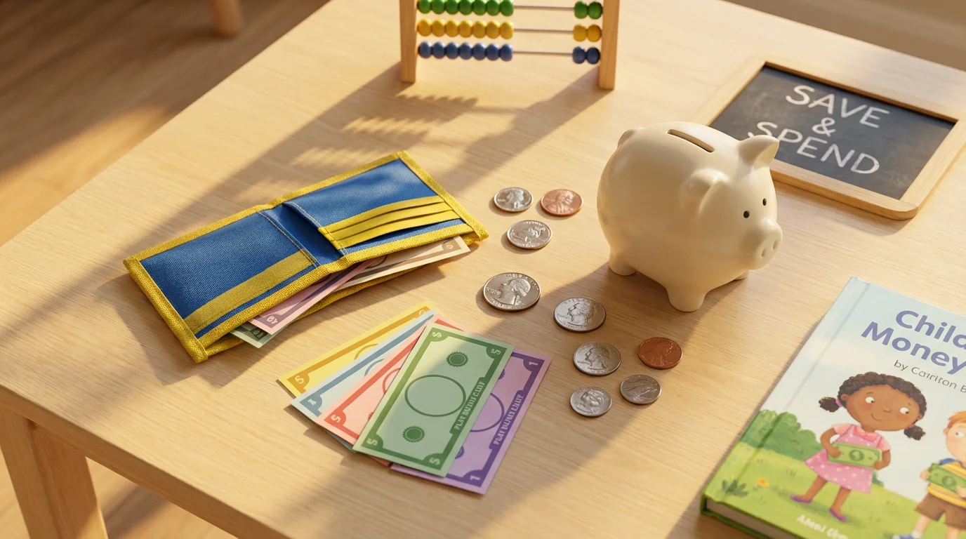 A flat lay of a piggy bank, child's wallet, and money on a wooden table.